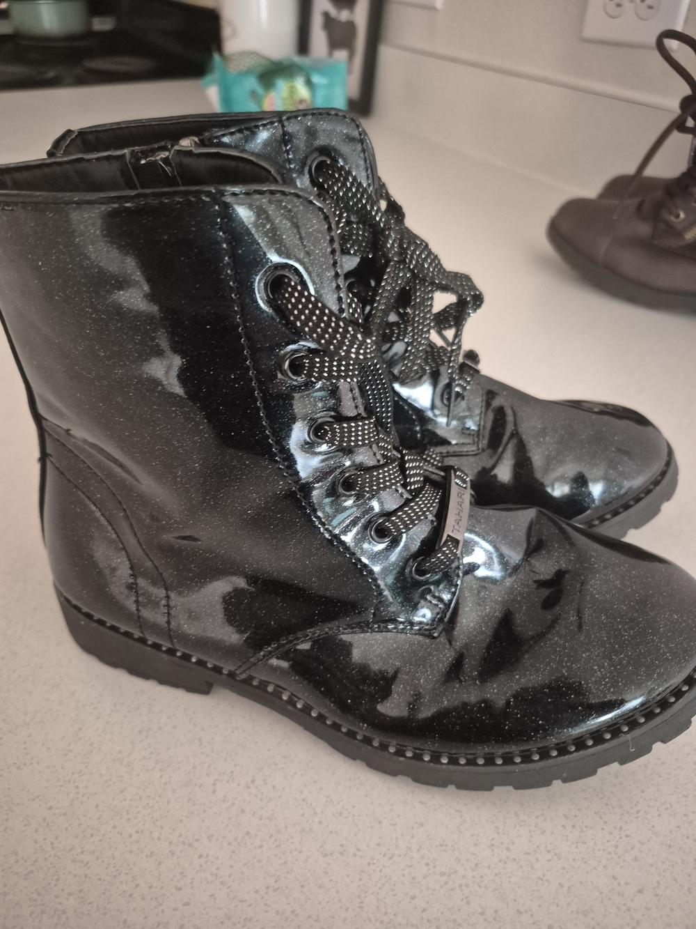Girls' Black Glitter Patent Lace-Up Ankle Boots
